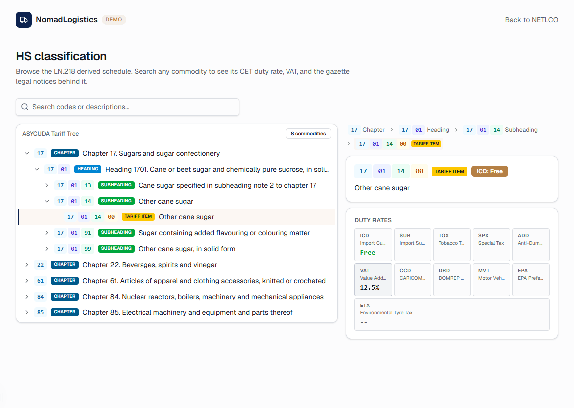The NomadLogistics customs workspace classifying an invoice.