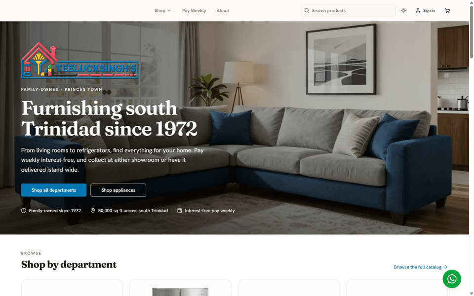 The Teelucksingh's online catalog and live showroom: furniture, appliances, delivery, and WhatsApp support.